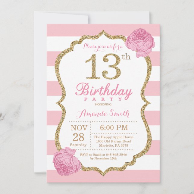 Invitation 13ème Rose et or d'invitation d'anniversaire (Devant)