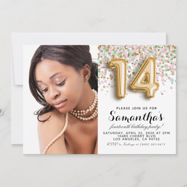 Invitation 14e anniversaire Confetti Gold Portrait (Devant)