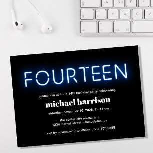 Invitation 14e anniversaire fête Lumières de néon bleu