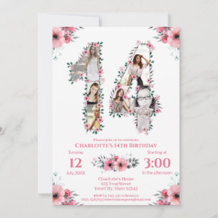 Invitation 14e anniversaire fille photo Collage rose Fleur bl