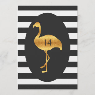 Invitation 14e anniversaire Flamant rose d'or noir blanc rayu