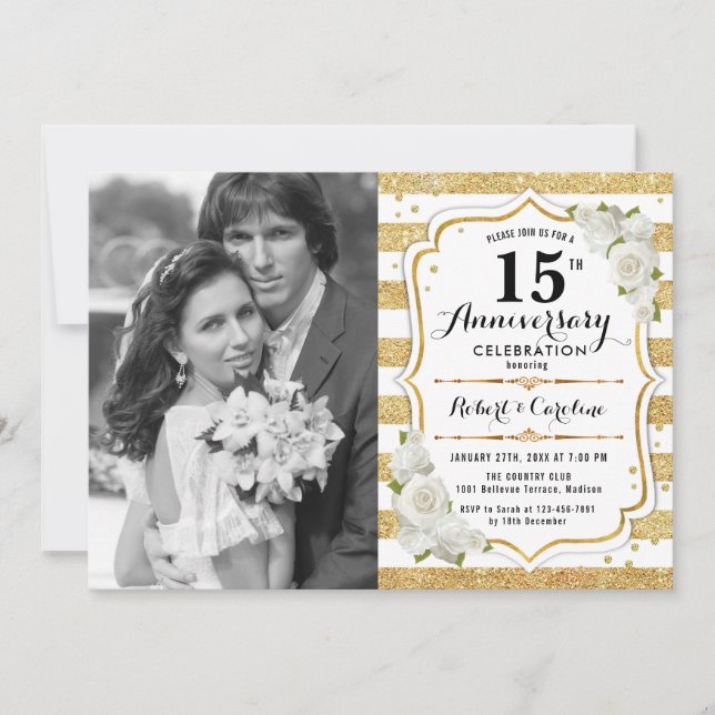 Invitation 15e anniversaire avec photo - Blanc or (Devant)