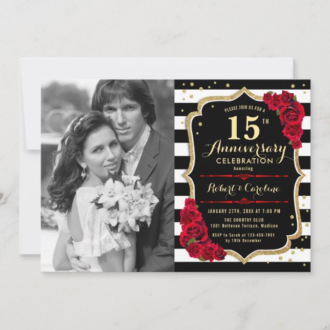 Invitation 15e anniversaire avec photo - Noir Or Rouge (Devant)