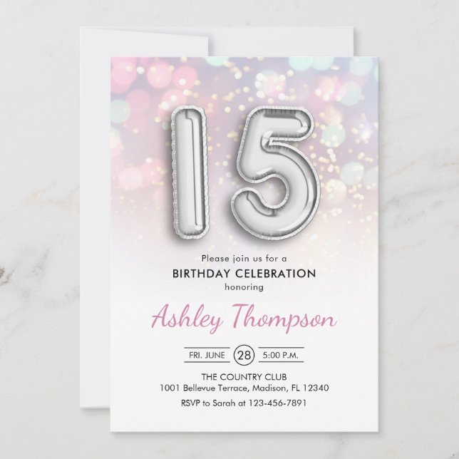 Invitation 15e anniversaire - Ballons d'argent Lumières rose (Devant)