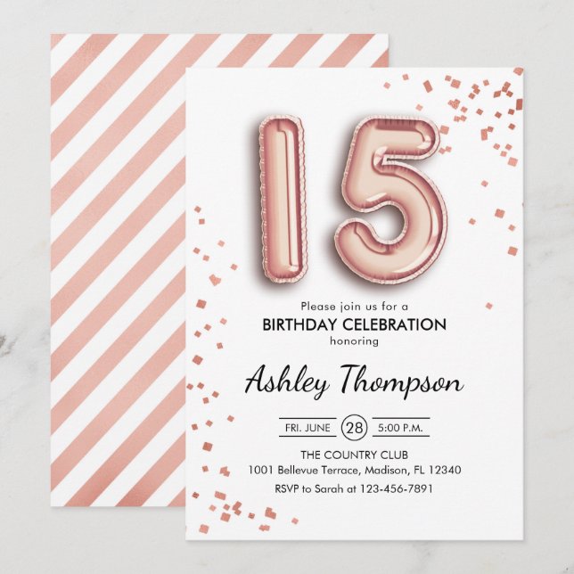 Invitation 15e anniversaire - Ballons d'or Rose (Devant / Derrière)