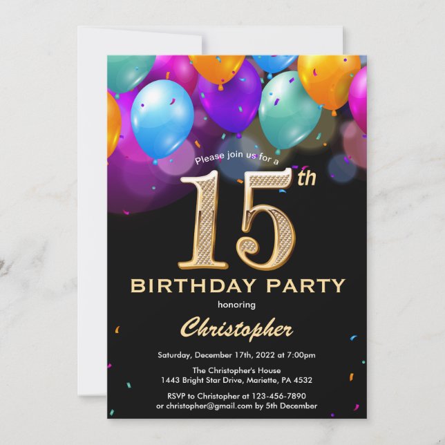 Invitation 15e anniversaire Ballons noirs et dorés (Devant)