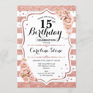 Invitation 15e anniversaire - Bandes blanches d'or Rose