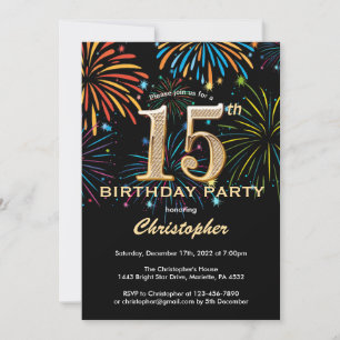 Invitation 15e anniversaire Black and Gold Rainbow Fireworks