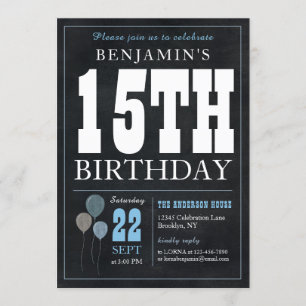 Invitation 15e anniversaire Chalkboard Blue Balloon Rustic Ch