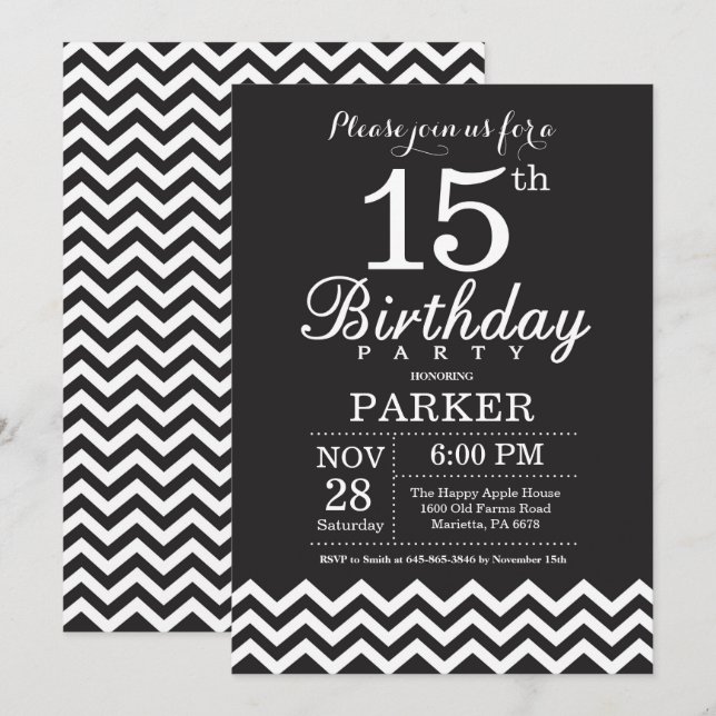 Invitation 15e anniversaire Chevron noir et blanc (Devant / Derrière)