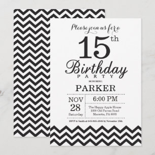 Invitation 15e anniversaire Chevron noir et blanc