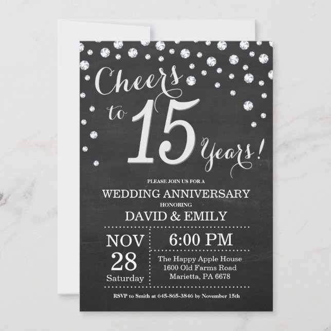 Invitation 15e Anniversaire de Mariage Ardoise Noir Argent (Devant)