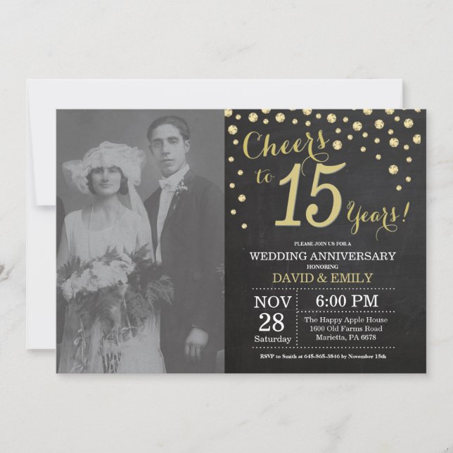 Invitation 15e Anniversaire de Mariage Ardoise Noir et Or (Devant)