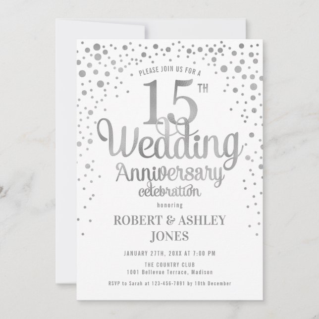 Invitation 15e anniversaire de mariage - Argent et blanc (Devant)