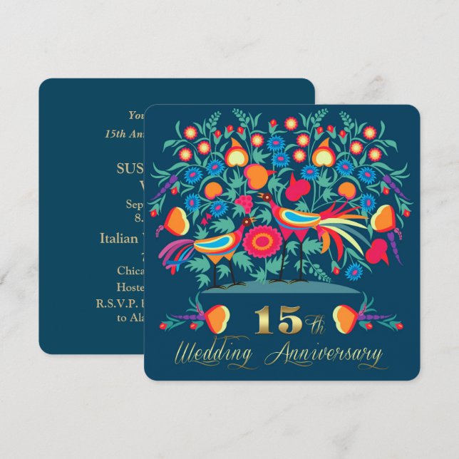 Invitation 15e Anniversaire de Mariage Art Populaire (Devant / Derrière)
