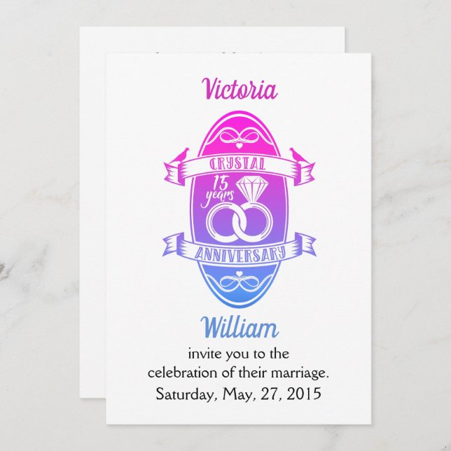 Invitation 15e anniversaire de mariage cristal traditionnel (Devant / Derrière)