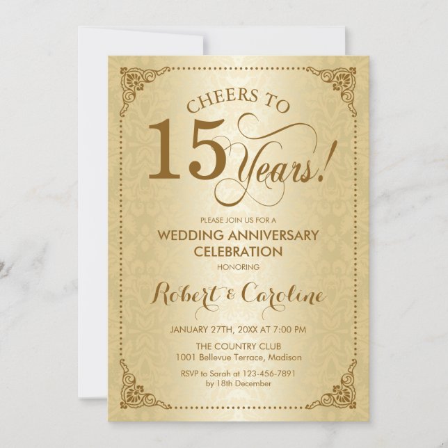 Invitation 15e anniversaire de mariage - Damask or (Devant)
