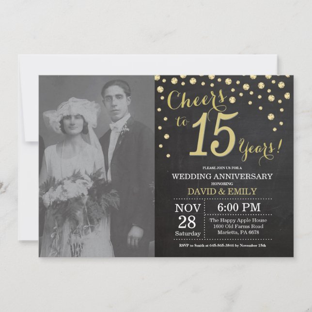 Invitation 15e Anniversaire de Mariage Tableau Noir et Or (Devant)