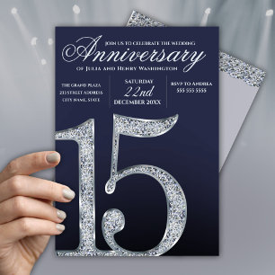 Invitation 15e Anniversaire Diamant Argent Bleu Foncé Ans