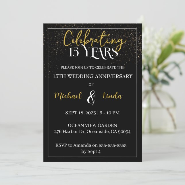 Invitation 15e anniversaire du Mariage Couple d'or noir (Debout devant)