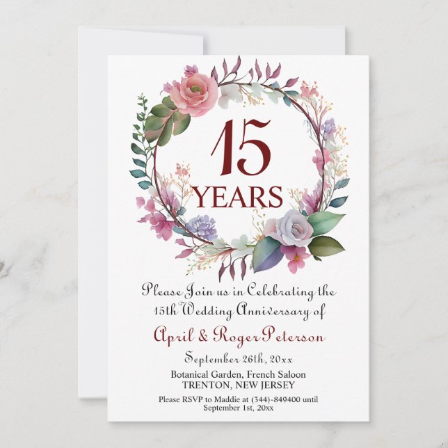 Invitation 15e anniversaire du Mariage de cristal Floral (Devant)