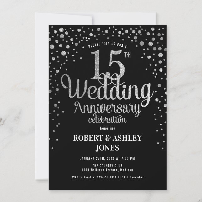 Invitation 15e anniversaire du Mariage - Noir et argent (Devant)