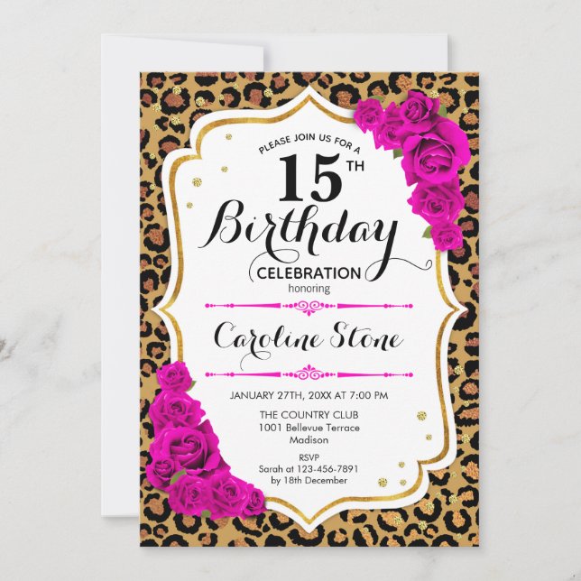 Invitation 15e anniversaire - Empreinte de léopard d'or rose (Devant)