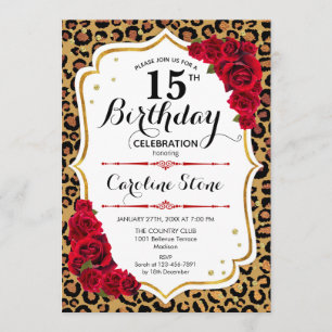 Invitation 15e anniversaire - Empreinte de léopard d'or rouge