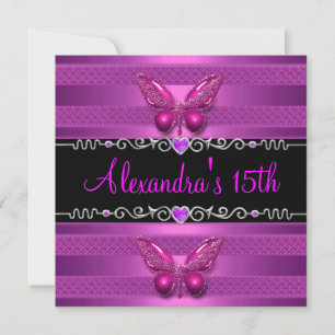 Invitation 15e anniversaire fête papillon rose pourpre