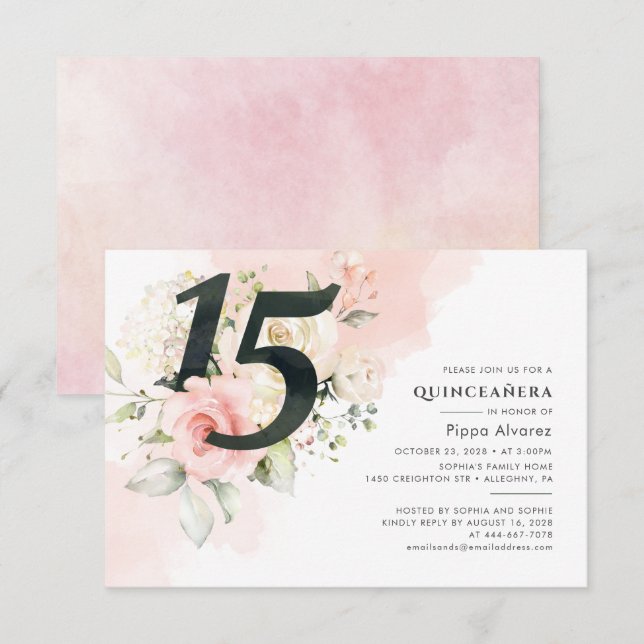 Invitation 15e anniversaire Floral rose Quinceanera Botanique (Devant / Derrière)
