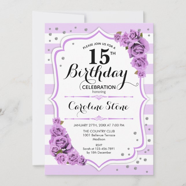 Invitation 15e anniversaire - Lavande Blanc Fleurs pourpres (Devant)
