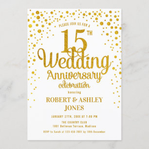 Invitation 15e anniversaire Mariage - Or et blanc