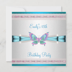 Invitation 15e Anniversaire Papillon Bleu Turquoise Rose
