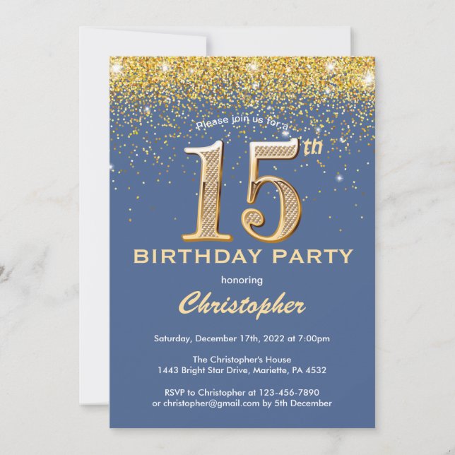 Invitation 15e anniversaire Parties scintillant bleue et or C (Devant)