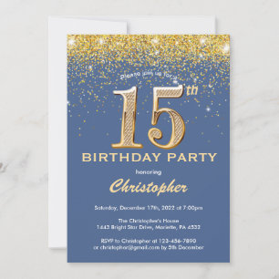 Invitation 15e anniversaire Parties scintillant bleue et or C