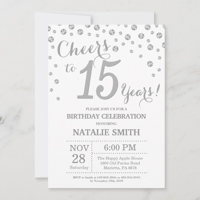Invitation 15e anniversaire Parties scintillant d'argent Invi (Devant)