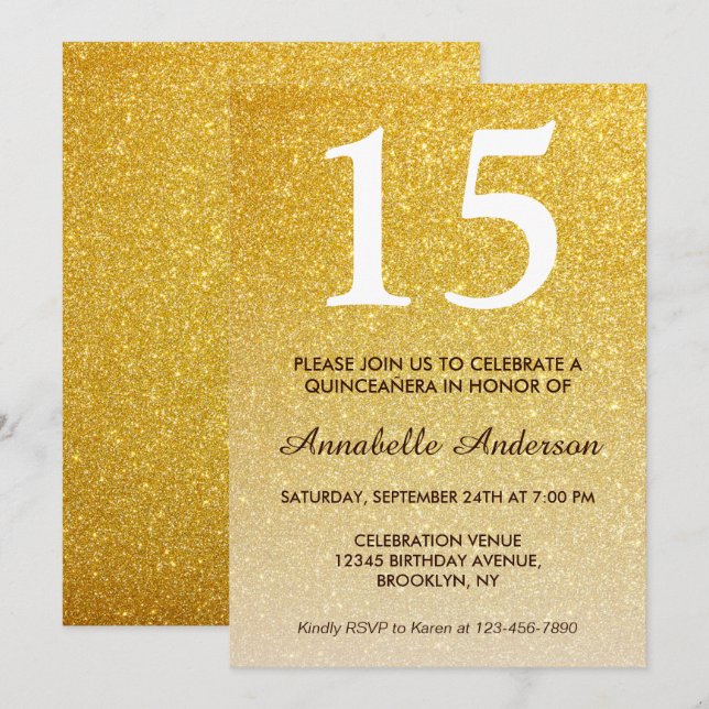 Invitation 15e anniversaire Parties scintillant or jaune Quin (Devant / Derrière)