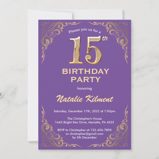 Invitation 15e anniversaire Parties scintillant violet et or  (Devant)