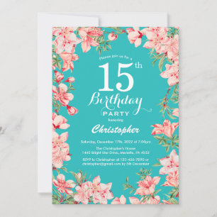 Invitation 15e anniversaire Pink Floral Flowers Turquoise Arr
