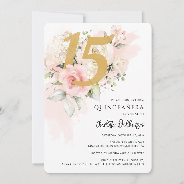 Invitation 15e anniversaire Quinceanera aquarelle florale (Devant)