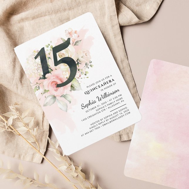 Invitation 15e anniversaire Quinceanera Eucalyptus rose flora (Pink Floral Quinceanera Blush 15th Birthday Party Invitation)
