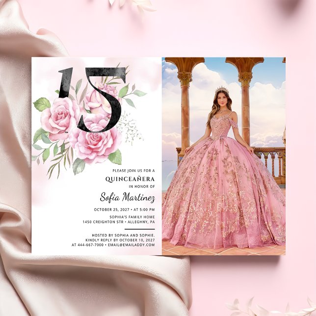 Invitation 15e anniversaire Quinceanera Rustique Floral Photo (Créateur téléchargé)