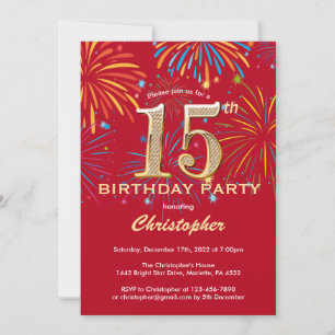 Invitation 15e anniversaire Red and Gold Rainbow Fireworks