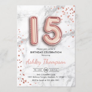 Invitation 15e anniversaire - Rose Gold Balloons effet marbre