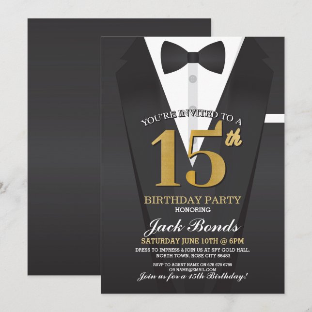 Invitation 15e Anniversaire Spy Suit Black cravate Gold Tuxed (Devant / Derrière)