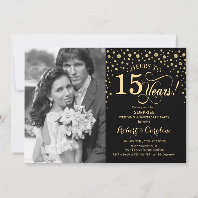 Invitation 15e anniversaire surprise avec Photo Black Gold (Devant)