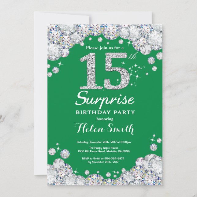 Invitation 15e anniversaire surprise Diamant vert et argent (Devant)