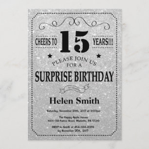 Invitation 15e anniversaire surprise Parties scintillant noir