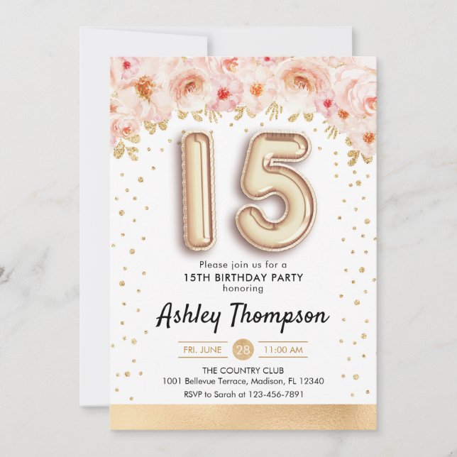 Invitation 15e fête d'anniversaire - Ballons d'or (Devant)