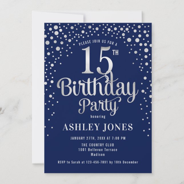Invitation 15e fête d'anniversaire - Marine & Silver (Devant)